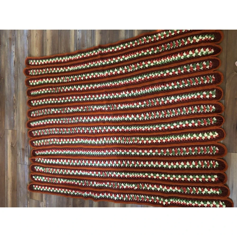 Afghan 70s‎ Throw Blanket Scalloped Rust Red YellowGreen Stripe 60